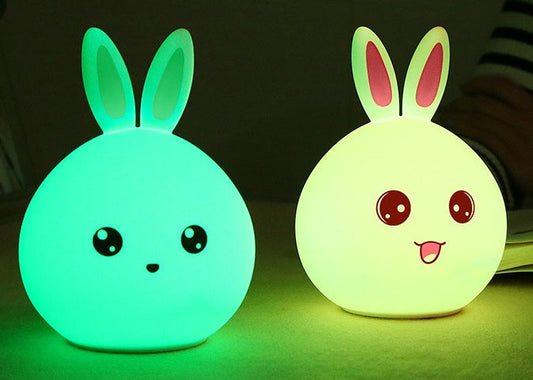 Silicone LED night light shaped like a cute rabbit with colorful touch sensor and USB charging