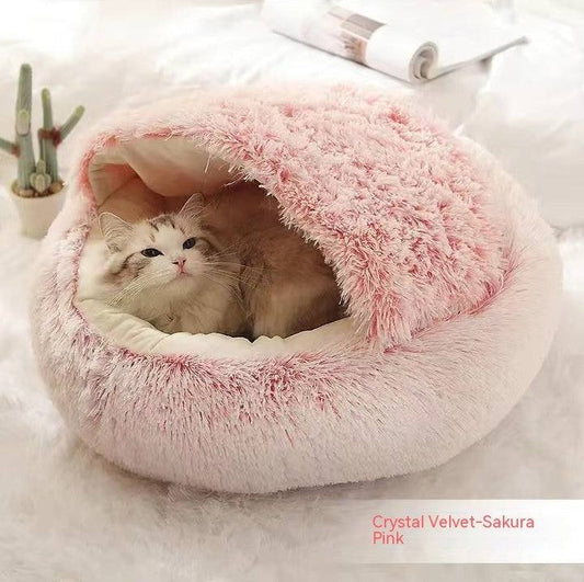 Round plush warm 2 in 1 dog and cat bed for winter comfort