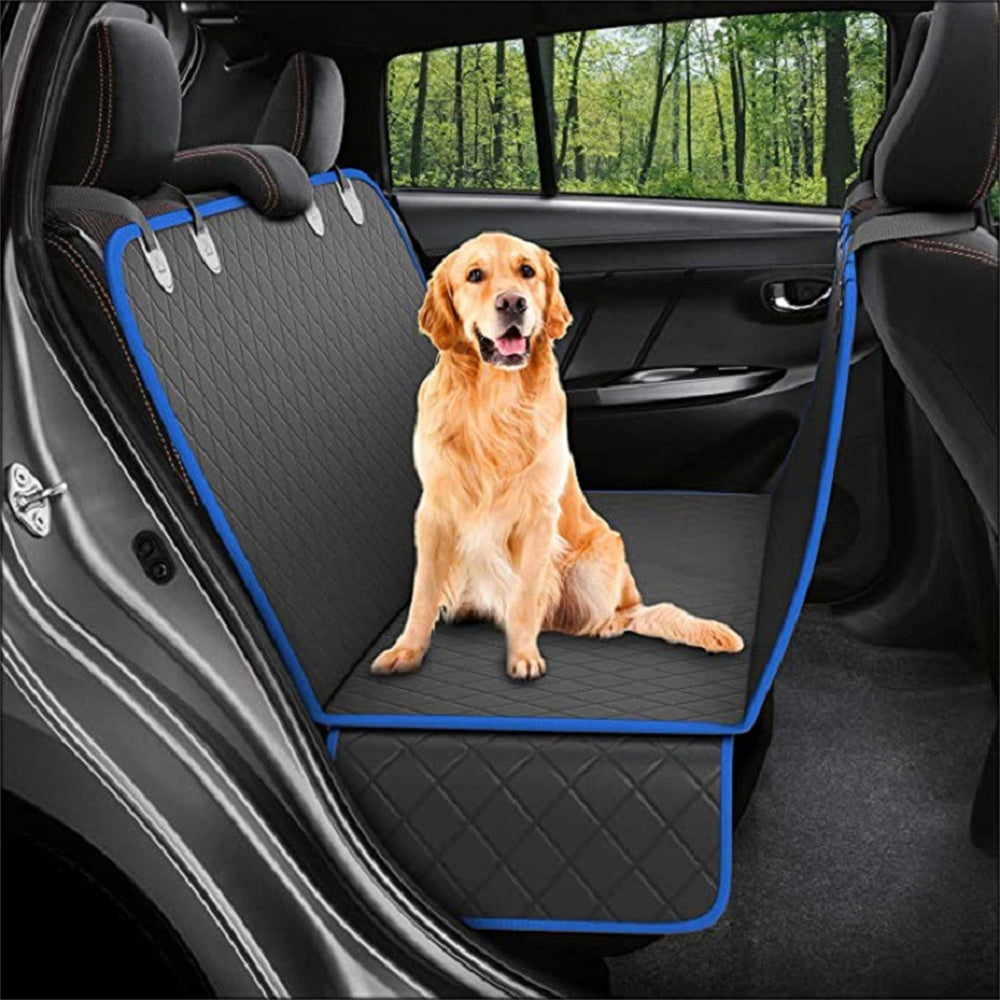 Dog car seat cover with mesh windows and zipper pocket for pet safety and comfort in rear car seat