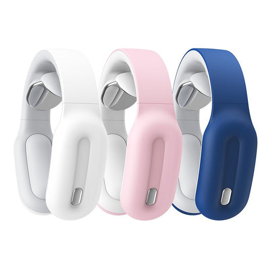 white and pink USB rechargeable cervical and shoulder massager with remote control and user manual