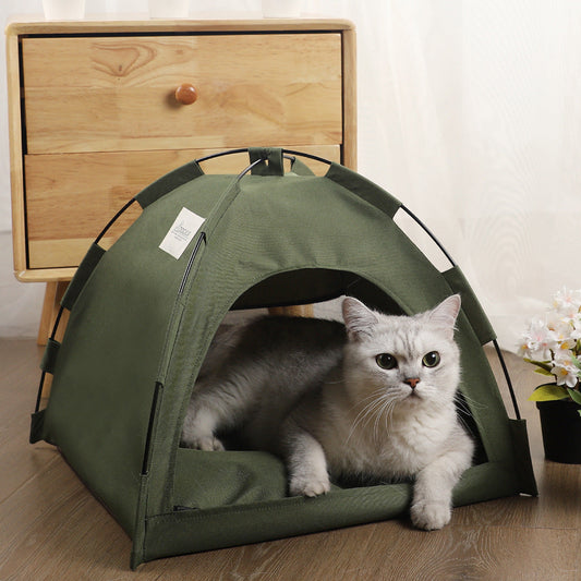 Military green cat tent cooling mat with cushion for indoor pet comfort and travel use