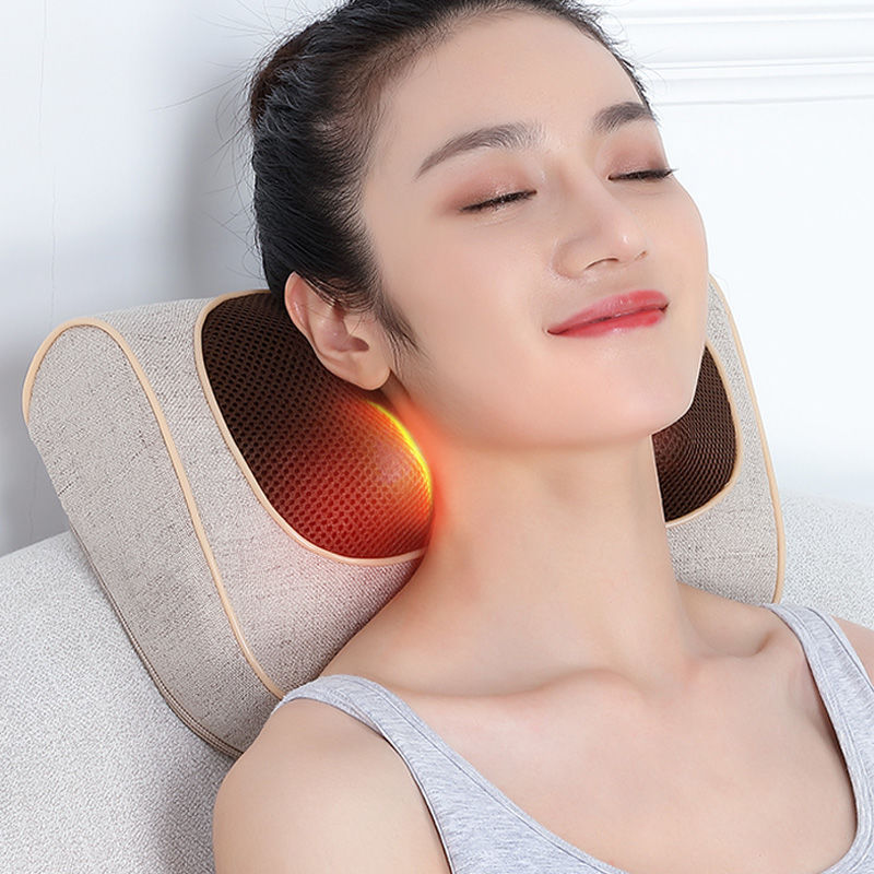 Multifunctional cervical spine massager pillow with infrared, kneading, and 8+ massage heads, rectangular trapezoid shape