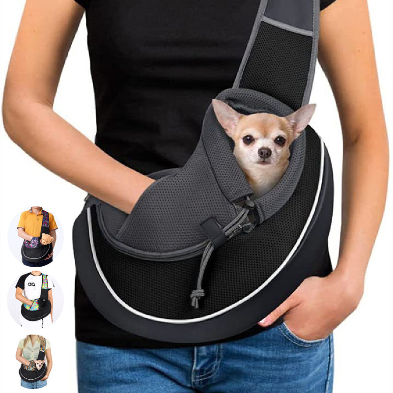 Black portable carrying pets bag for small dogs and cats with breathable mesh and adjustable drawstring closure